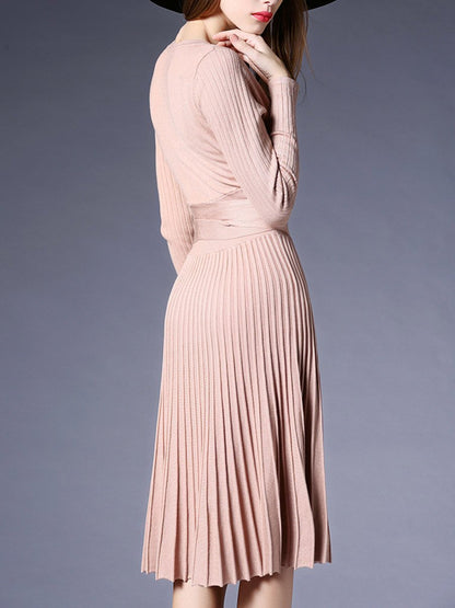 Sexy V-Neck Solid Pleated Knitted Skater Dress