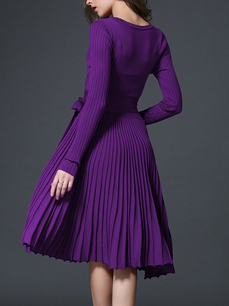 Sexy V-Neck Solid Pleated Knitted Skater Dress