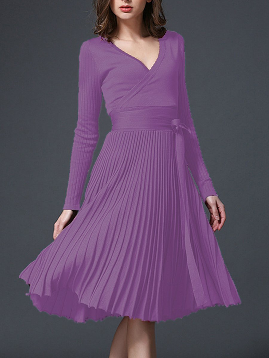 Sexy V-Neck Solid Pleated Knitted Skater Dress