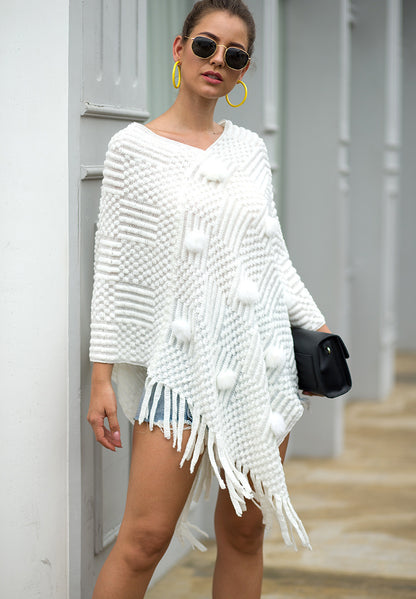 Tassel Fringed Pullover V-neck Collar Pompom Sweater Cloak Shawl Cape