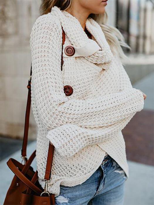 Knitted Asymmetric Neck Asymmetric Hem Plain Sweaters Pullover