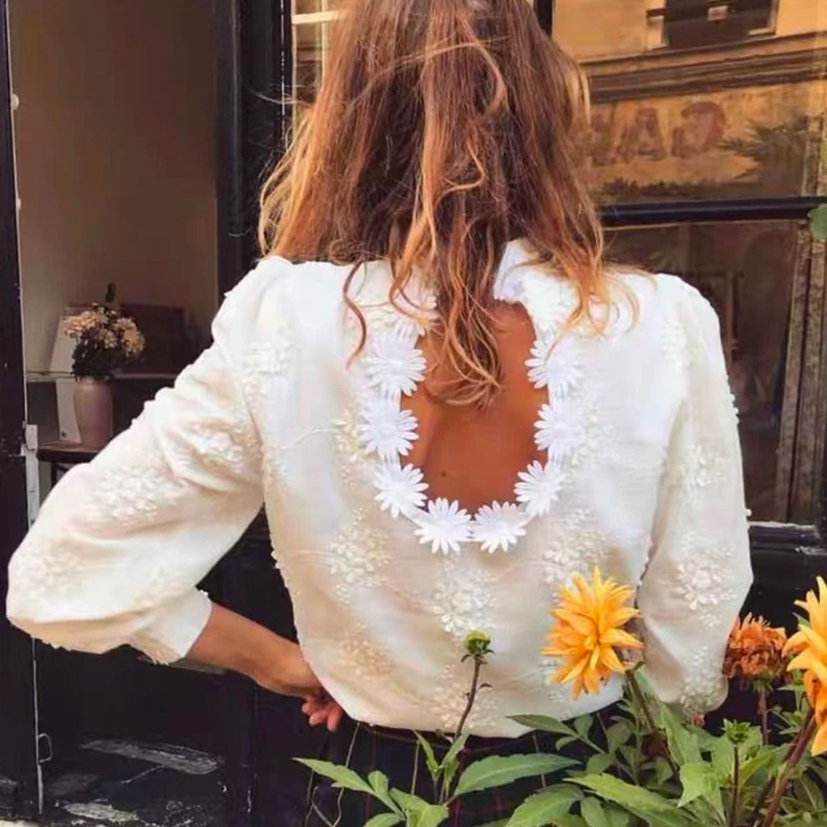Embroidered Daisy Design Back Hollow Bubble Sleeve Stand Collar Shirt  