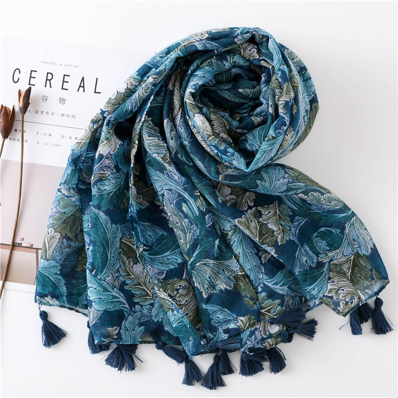 Ethnic Blue Tassel Printed Scarf Shawl for Women Ladies Girls