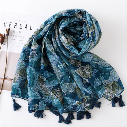 Ethnic Blue Tassel Printed Scarf Shawl for Women Ladies Girls