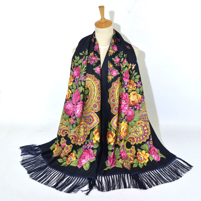 Ethnic Retro Flower Long Scarf Shawl Fringed Scarves for Women Ladies Girls