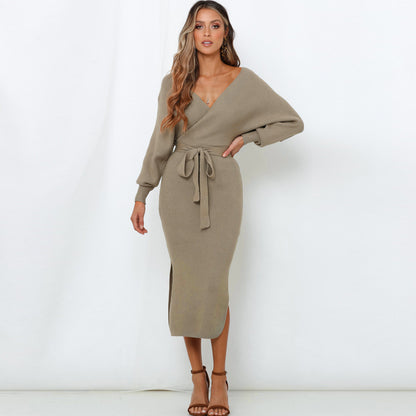 Bat Sleeve Waistband Sweater Bodycon Maxi Dresses
