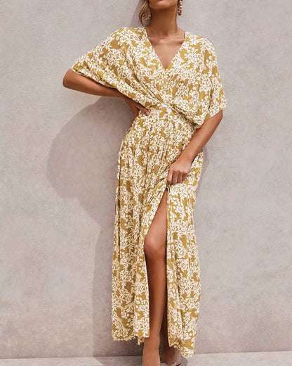 Batwing Sleeve V-neck Split Floral Maxi Dresses