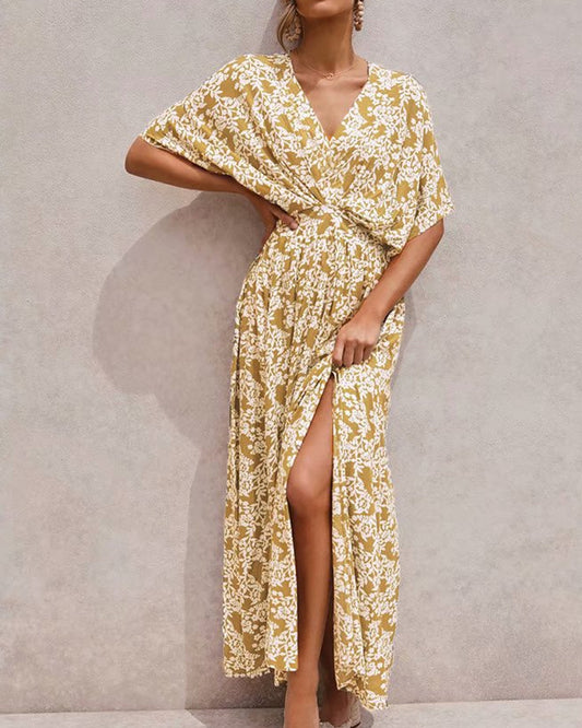 Batwing Sleeve V-neck Split Floral Maxi Dresses