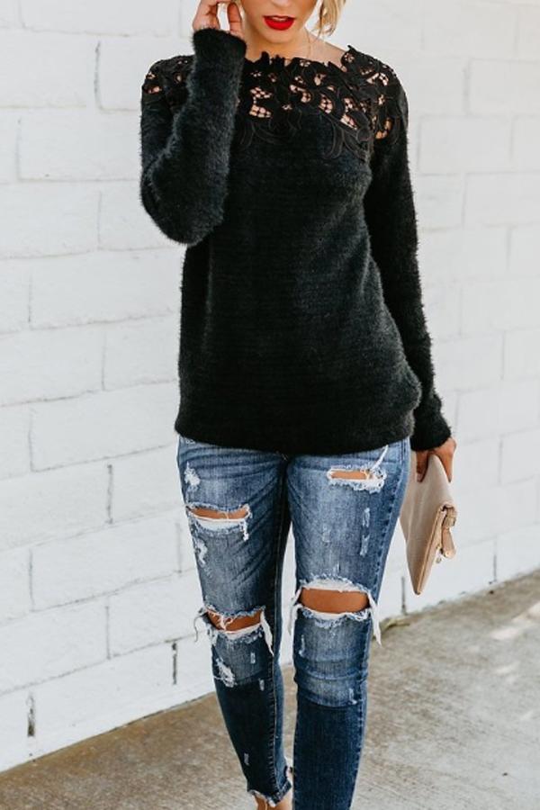Asymmetric Neck  Decorative Lace  Plain Sweaters