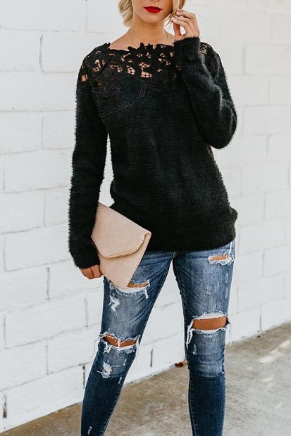 Asymmetric Neck  Decorative Lace  Plain Sweaters