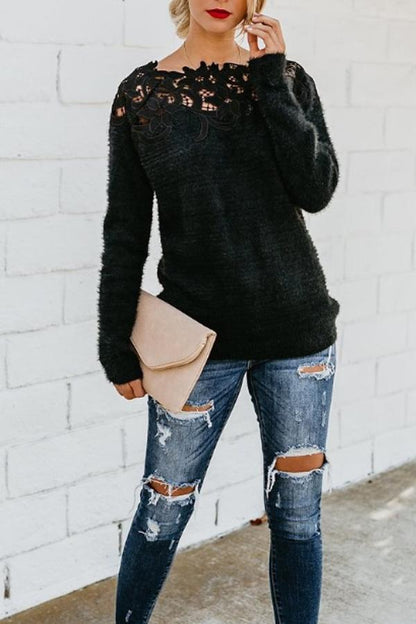 Asymmetric Neck  Decorative Lace  Plain Sweaters
