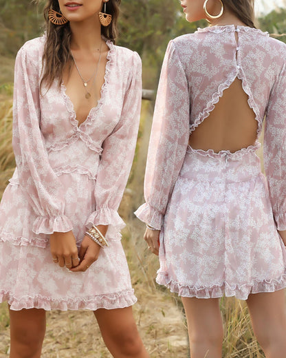 Sexy V-neck Backless Floral Bubble Layered Mini Dresses