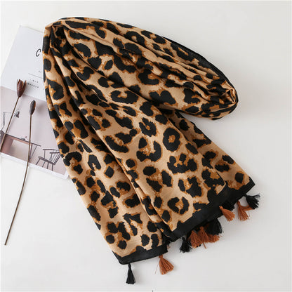 Tassel Fringe Leopard Print Scarf Shawl for Women Ladies Girls