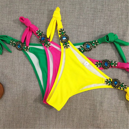 Sexy Plain Triangle Faux Jewelry Embellished Bikini