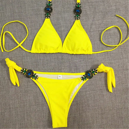 Sexy Plain Triangle Faux Jewelry Embellished Bikini