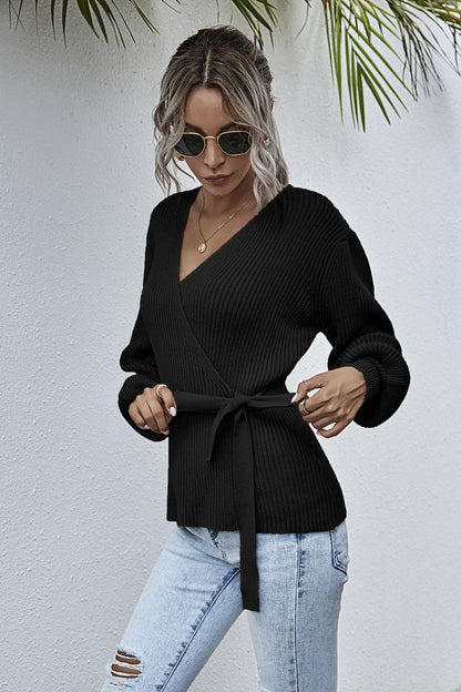 Lantern Sleeve Bow Tie V-neck Knit Sweaters Cardigans