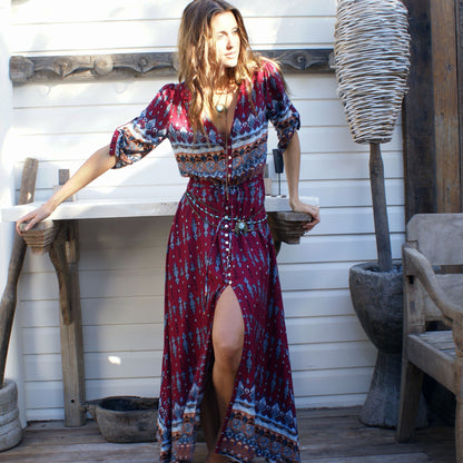 Bohemian Print Dress Beach Skirt V-neck 1/2 Sleeves Plus Size Boho Floral Dresses