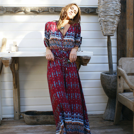 Bohemian Print Dress Beach Skirt V-neck 1/2 Sleeves Plus Size Boho Floral Dresses