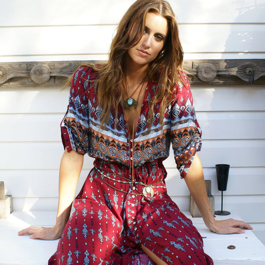 Bohemian Print Dress Beach Skirt V-neck 1/2 Sleeves Plus Size Boho Floral Dresses