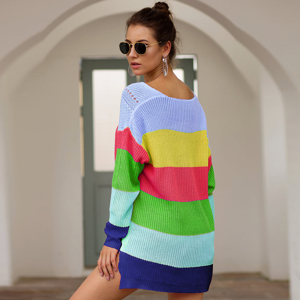 Women‘s Loose V-neck Rainbow Stripes Long Sweater