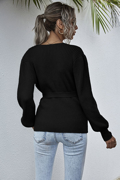Lantern Sleeve Bow Tie V-neck Knit Sweaters Cardigans