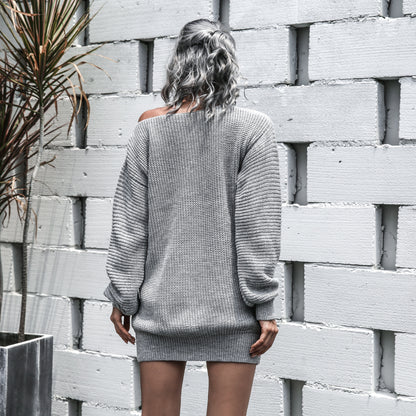 One Shoulder Lantern Sleeve Knit Sweater Mini Dresses