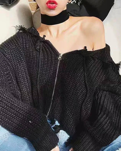 Hooded Batwing Sleeve Tassel Sweater Zipper Knitting Cardigan