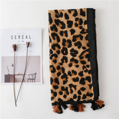 Tassel Fringe Leopard Print Scarf Shawl for Women Ladies Girls