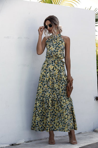 Floral Yellow Bohemian Boho Printed Hanging Neck Straps Maxi Dresses