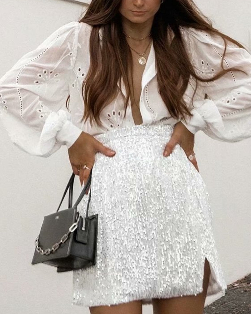 Floral Embroidery Single-breasted Hollow-out Shirts Blouse