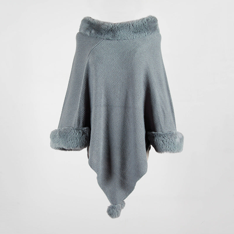 Pullover Pompom Fur Collar Sleeves Sweater Cloak Shawl Cape