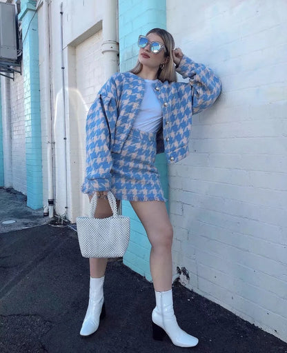Houndstooth Beaded Buckle Long Sleeve Short Jacket Skirt Dress Suit
