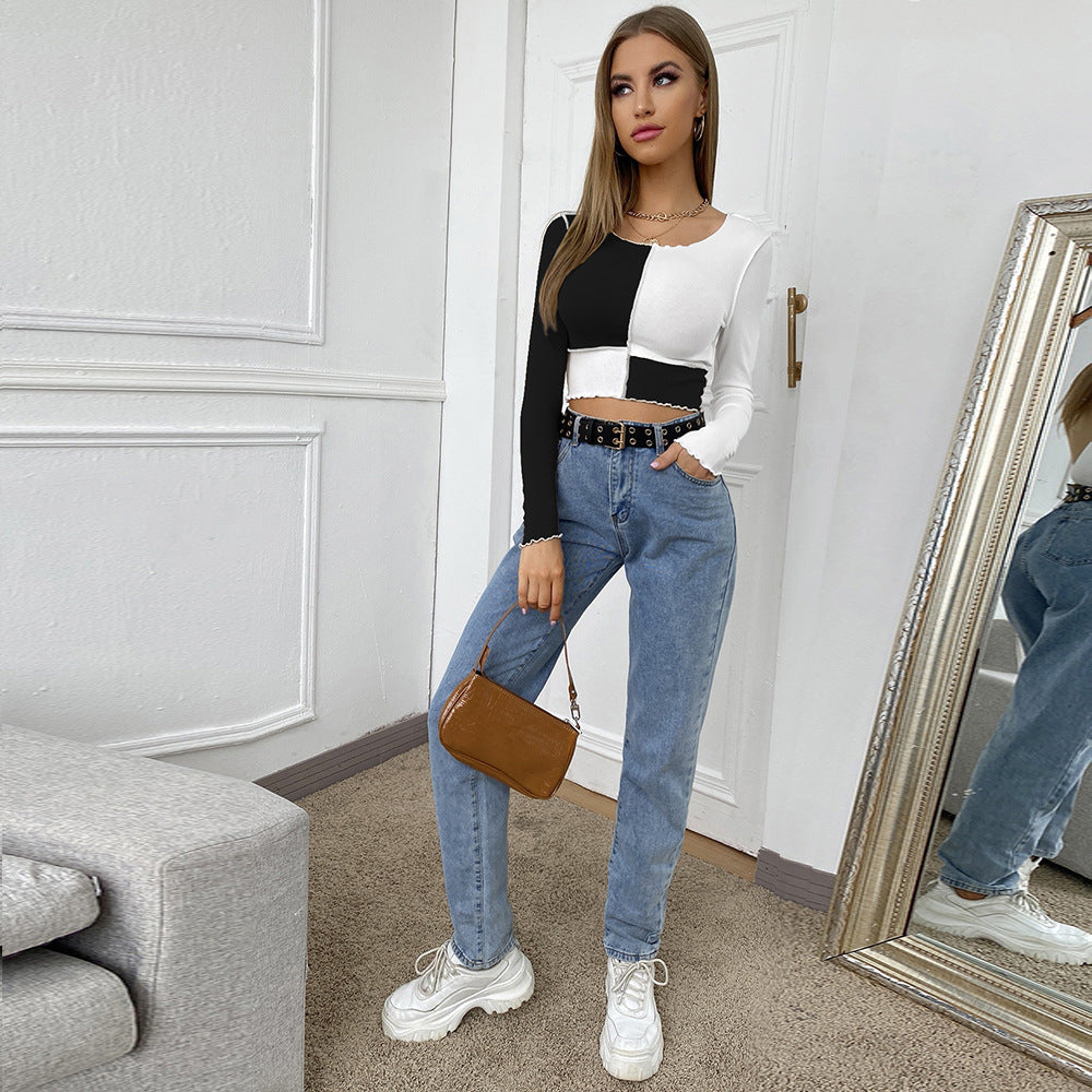 Round Neck Splicing T-Shirts Crop Tops Shirts