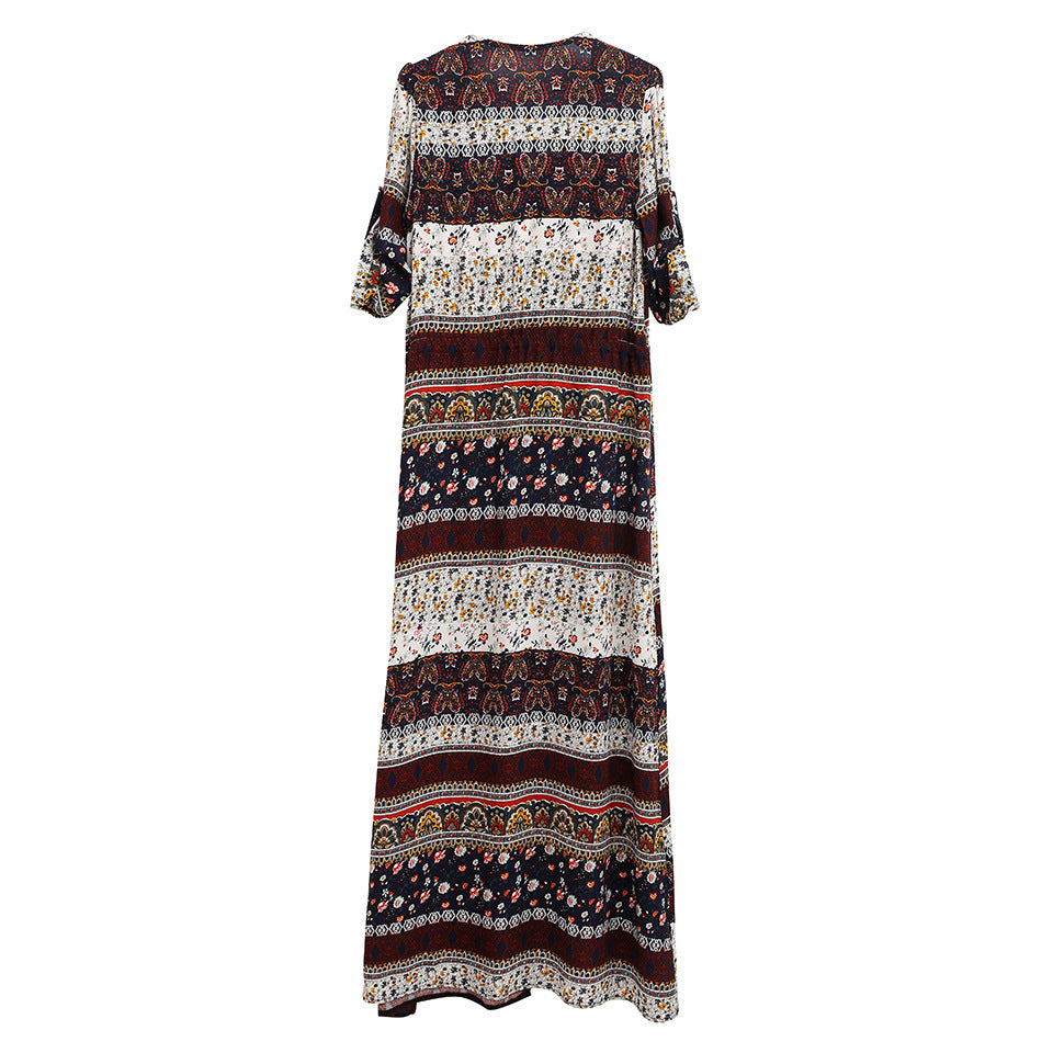 Bohemian Print Dress Beach Skirt V-neck 1/2 Sleeves Plus Size Boho Floral Dresses
