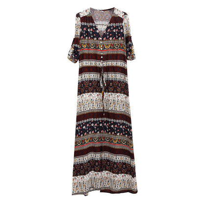 Bohemian Print Dress Beach Skirt V-neck 1/2 Sleeves Plus Size Boho Floral Dresses