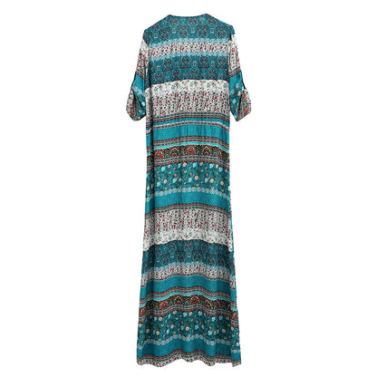 Bohemian Print Dress Beach Skirt V-neck 1/2 Sleeves Plus Size Boho Floral Dresses