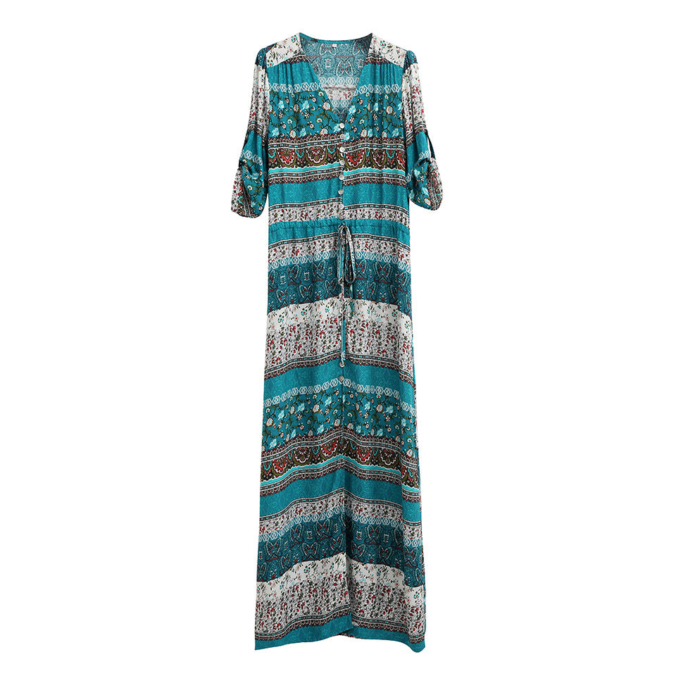 Bohemian Print Dress Beach Skirt V-neck 1/2 Sleeves Plus Size Boho Floral Dresses