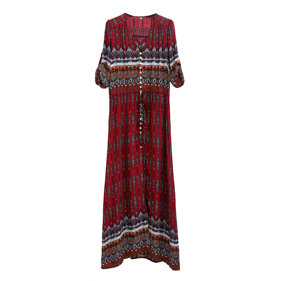Bohemian Print Dress Beach Skirt V-neck 1/2 Sleeves Plus Size Boho Floral Dresses
