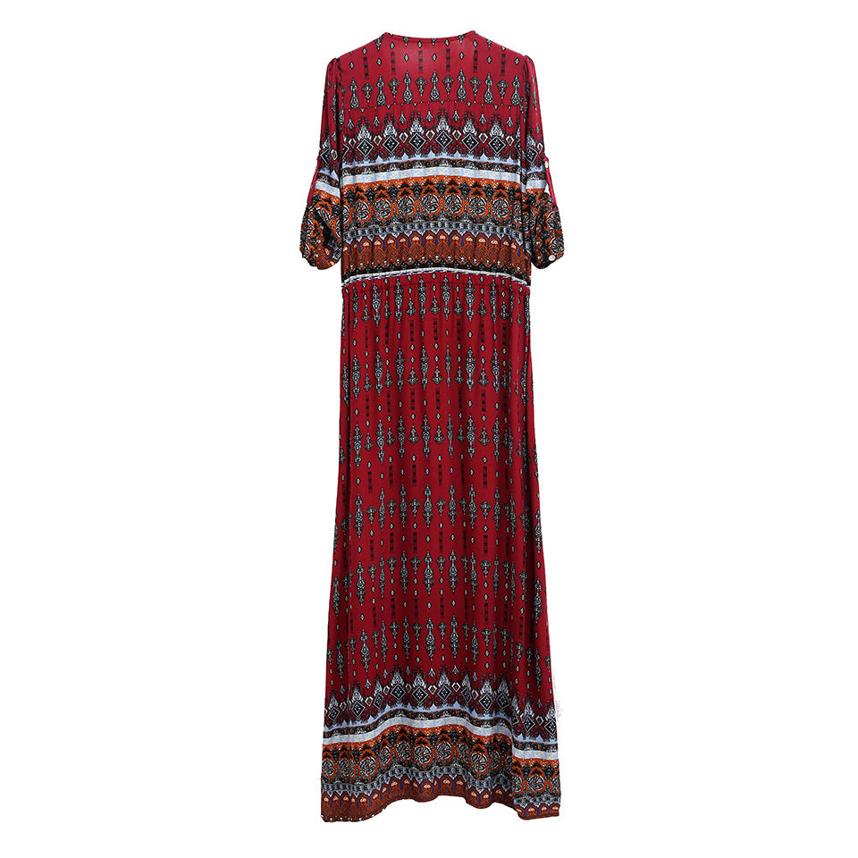Bohemian Print Dress Beach Skirt V-neck 1/2 Sleeves Plus Size Boho Floral Dresses