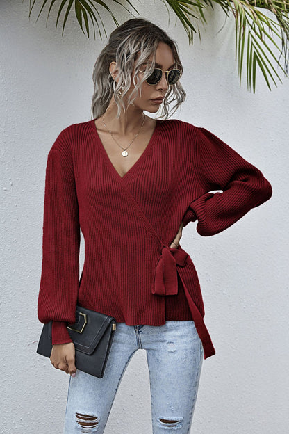Lantern Sleeve Bow Tie V-neck Knit Sweaters Cardigans