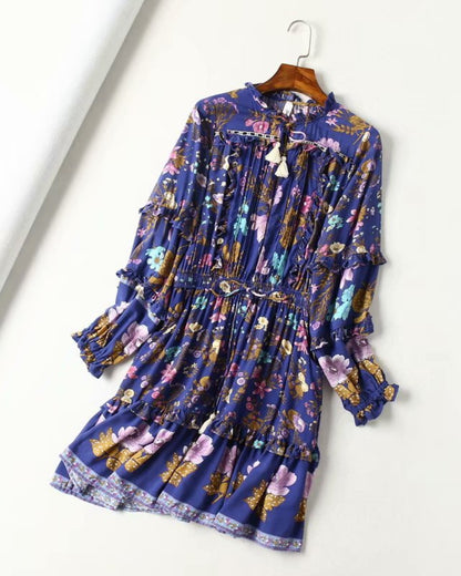 Boho Bohemia Lace-up Hollow-out Floral Printed Tassel Mini Dresses