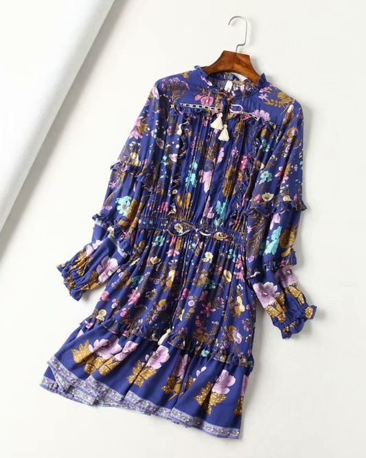 Boho Bohemia Lace-up Hollow-out Floral Printed Tassel Mini Dresses