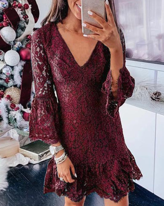 V-neck Ruffled Flared Sleeve Lace Mini Dresses