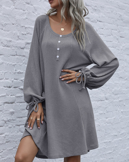 Lace-up Knit Round Neck Lantern Sleeve Mini Dresses