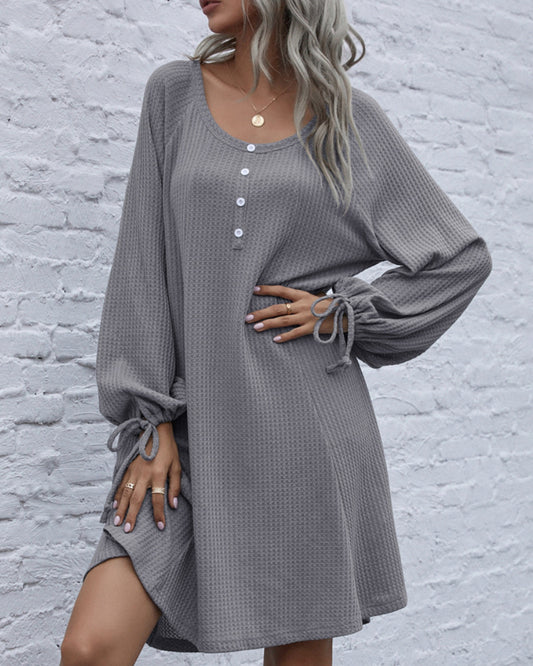 Lace-up Knit Round Neck Lantern Sleeve Mini Dresses