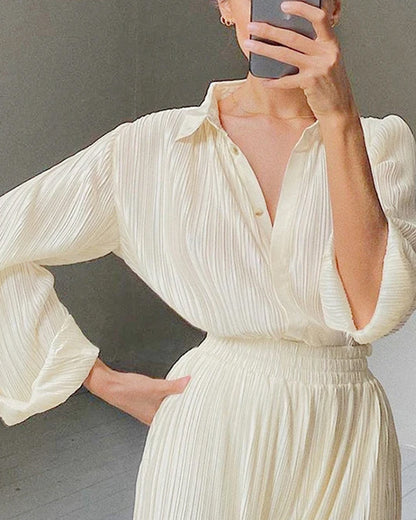 Beige Lapel Pleated Shirt Loose Pants Long Sleeve Two-piece Set