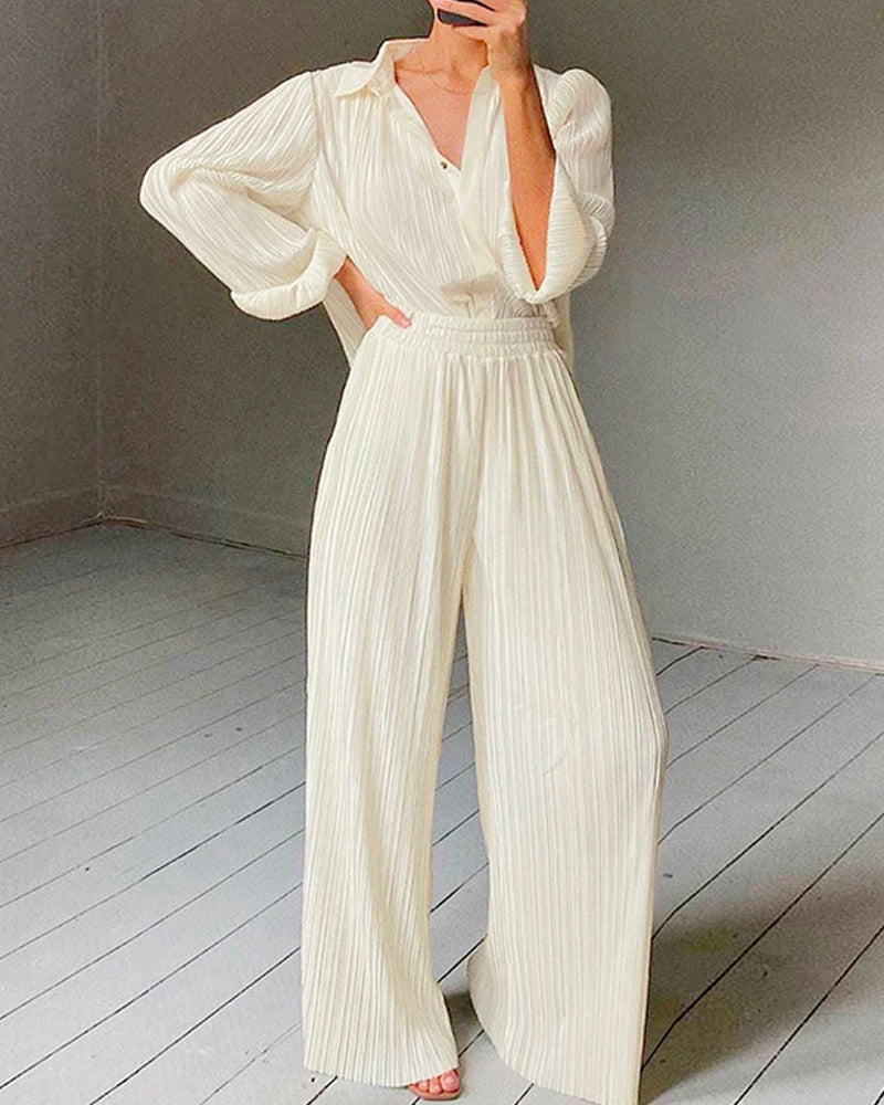 Beige Lapel Pleated Shirt Loose Pants Long Sleeve Two-piece Set