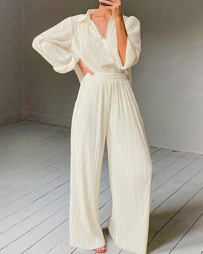 Beige Lapel Pleated Shirt Loose Pants Long Sleeve Two-piece Set