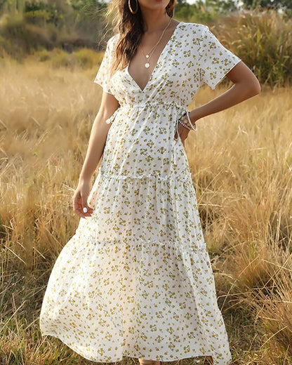 V-neck Floral Ruffles Split Leg Side Maxi Dresses