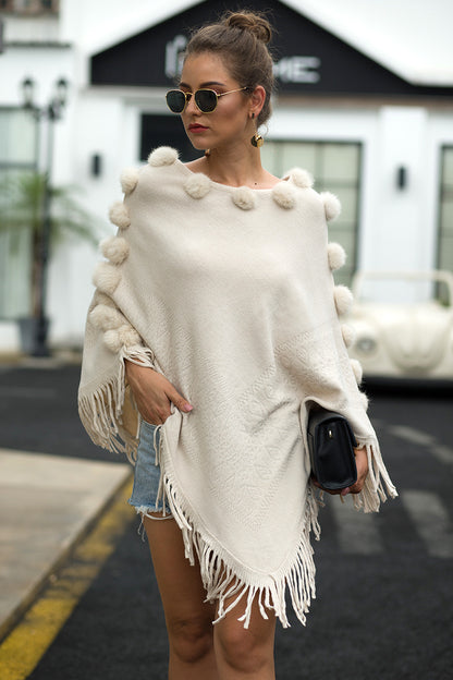 Floral Tassel Fringed Pullover Pompom Collar Sweater Cloak Shawl Cape